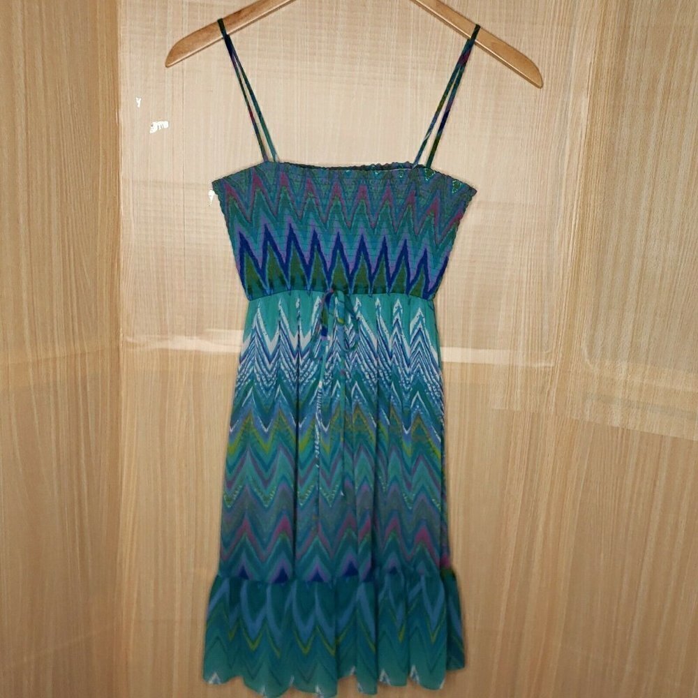 City Triangle Teal Aztec Print Shirred Top Dress